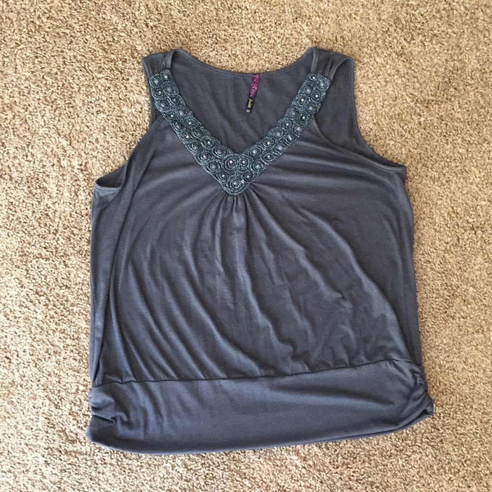 Judith sleeveless bejeweled V neck dark grey top